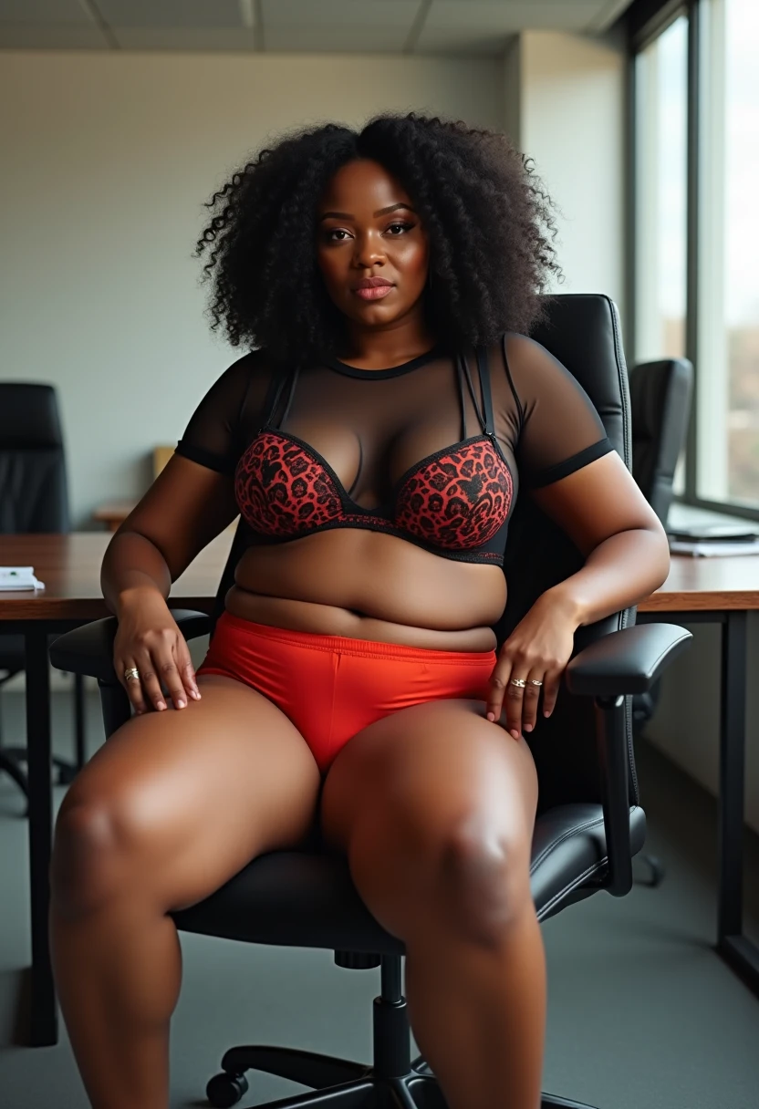(photorealism:1.2)  ebony dark chocolate skin tone plus sizes curvaeous woman with a findom persona  sitting in chair 
Show entire body,feet in view,  DD breasts , lingerie,  stockings, barefoot, modern private office