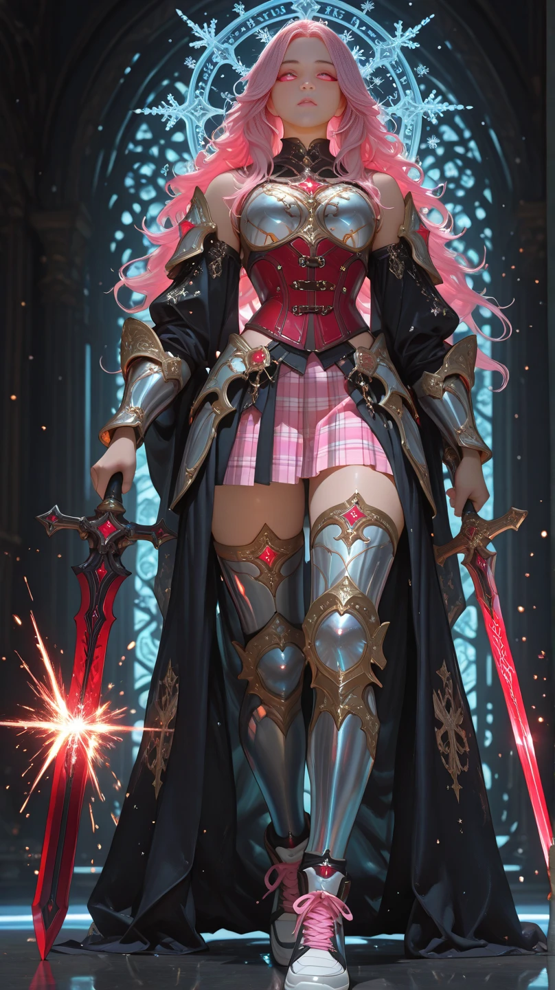Congregation,Joan of Arc,Long flowing pink hair,head ornaments,Big breasts,Neck gemstone jewelry,Breast Binding,mini lace skirt,Steel armor gloves,Steel armor long high heels,.best quality,masterpiece,Ultra-high resolution(2:0),special magic sword,The sword is long and sharp,The sword has magic runes attached to it,