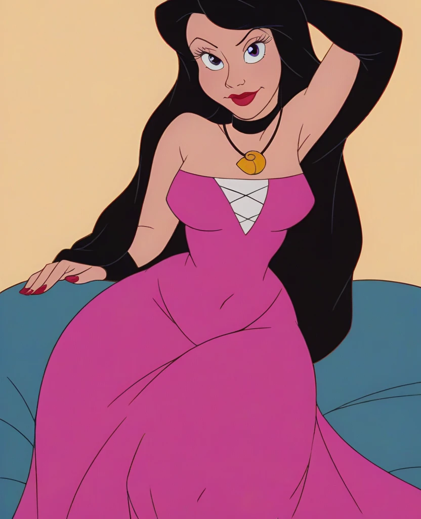 Ralph Bakshi Style, Curvy blue eyed girl with long wavy black hair and small breasts, beautiful:4.0, (cruel_expression):4.0, futanari, (erect penis), transparent dress