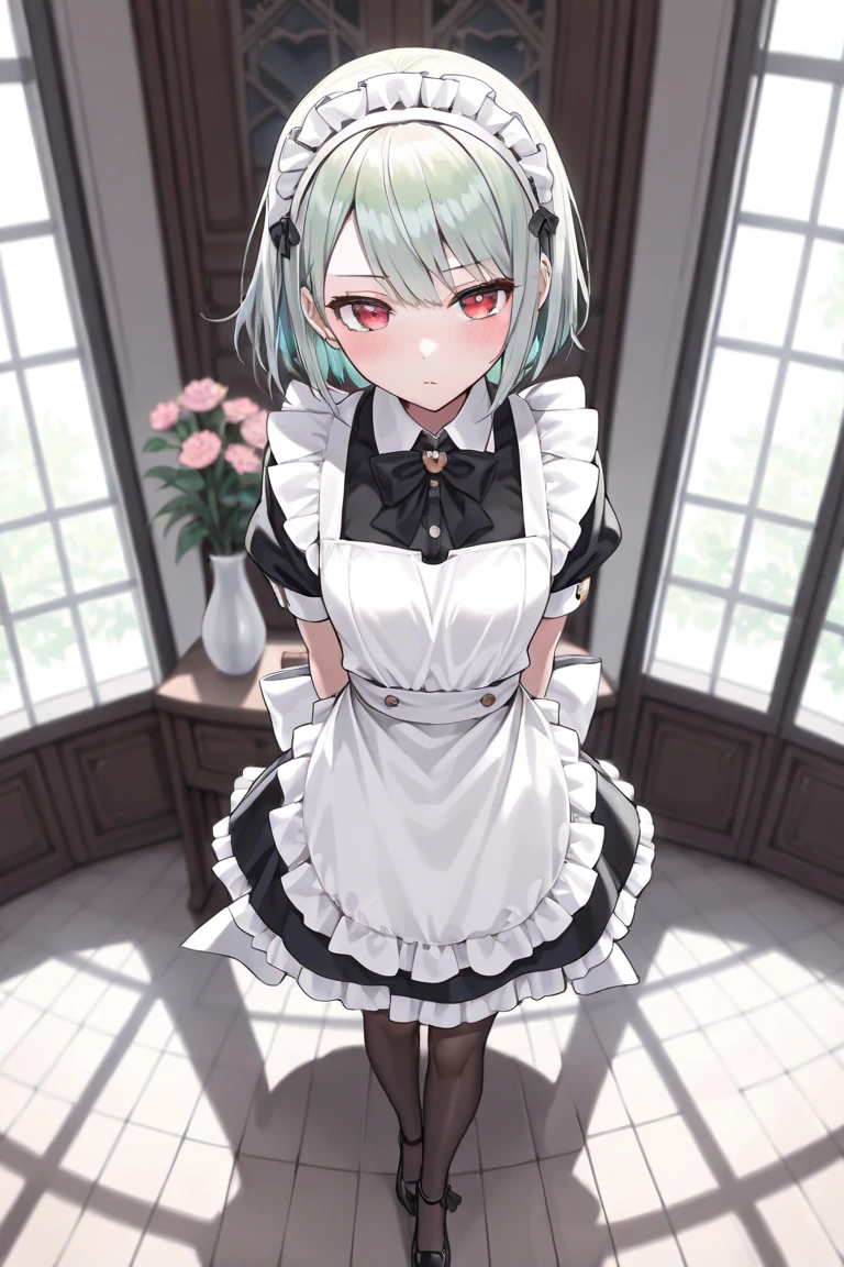 tmasterpiece, Best quality at best, illustratio, 1 girl, Silver short bob hair, green-eyed, Red side maid skirt,