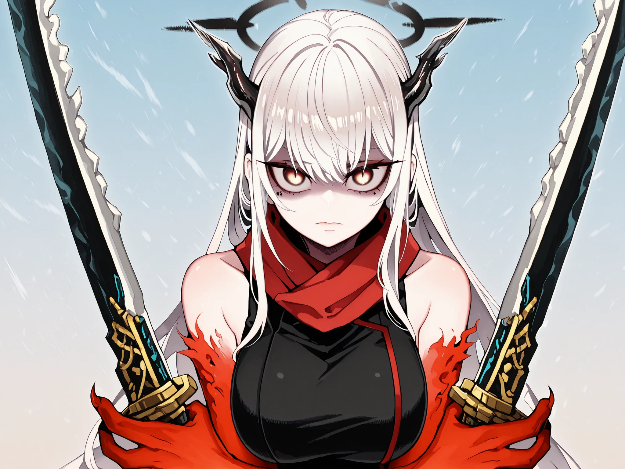 Solo, ung girl, facing the viewer, white hair, hairstyle of Uzen Kyouka from Chained Soldier, face of Uzen Kyouka from Chained Soldier, eyes in the red tone, long bangs, perfect anatomy, student, horns of Uzen Kyouka from Chained Soldier, eyes horns the same color as the eyes, fierce face, provocative face;
A black suit, red long scarf, exposed arms, red arms with black spots, hands with claws, red hands with black spots, black halo;
facing the viewer, cara a cara, fundo preto, sexy pose, big ass, big breasts;
Holding a one heavy sword (giant sword) Nian style a from "Arknights" (but a sword must be a sword Heavy sword, montante), golden details on the sword, desenho de giant sword, White blade;
attack position, exposed shoulders and head, near the face , looking at the character, looking at the viewer, cara a cara, confiante, cute expression;
Pay attention to the necessary colors, , maximum resolution ;
uma imagem +18, A sexy image;
