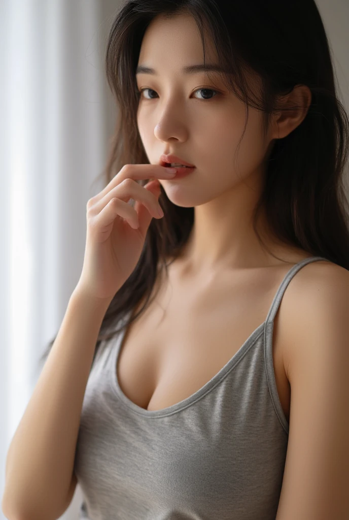 Highly detailed CG Unity 8k wallpaper, 最high qualityの, super detailed, table top, realistic, photographのように写実的な, highly detailed beautiful actress, 27 years old、sexy、short hair、delicate body、Upper body , (armpit) , (Sweat) , Pink silk camisole , in the gaming room, lights out, computer, Unusual low angle, high quality, (photograph, realistic)