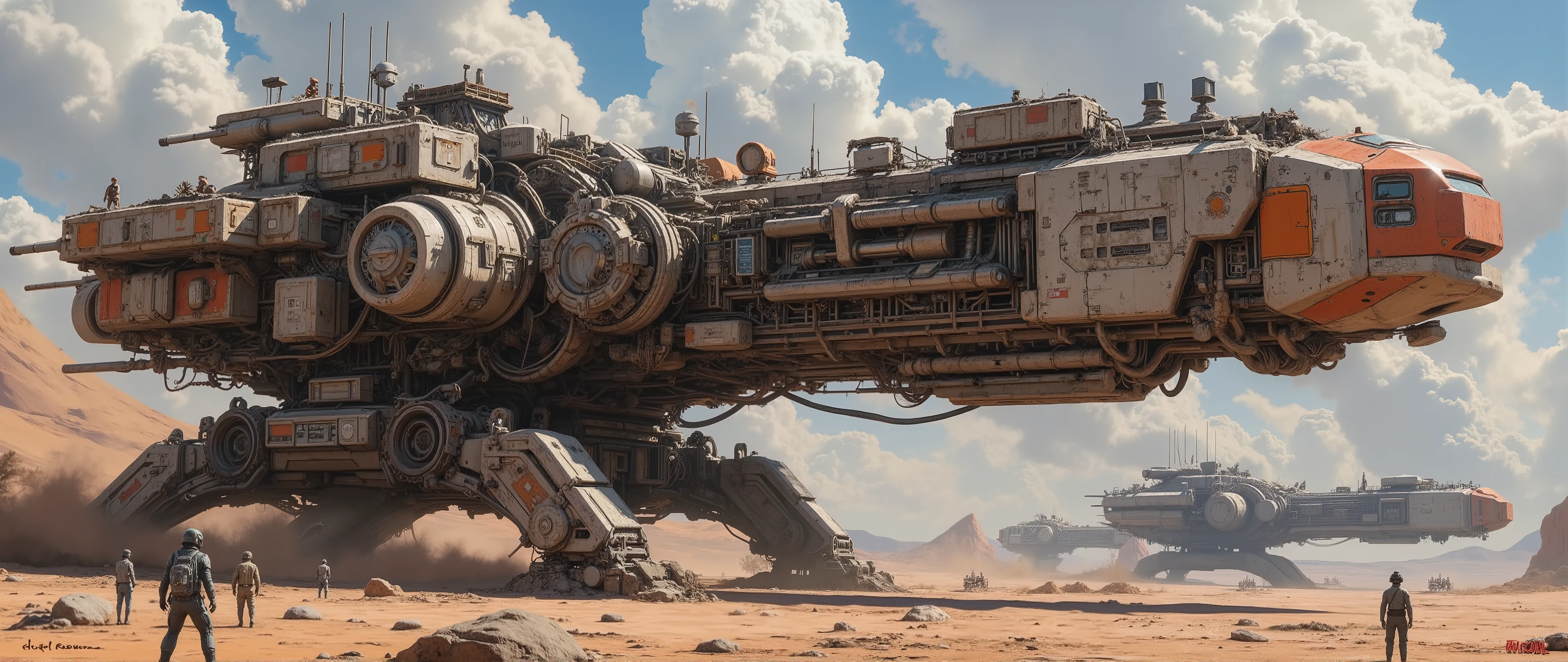 studio megaepic oil painting, 16 thousand., artistic masterpiece,  correct gravity , science fiction, 3000 AD , a very futuristic landscape with fantastic excavator mechanisms, Concept art of a super-heavy Rotary excavator is a continuous excavator on crawler or walking rail undercarriage equipment, developing soil, rock with the help of working elements (buckets, scrapers or cutters), mounted on a rotary wheel., low aggressive silhouette, side view, view in three projections, swivel turret with weapon stabilizer, in the background is a populated colony