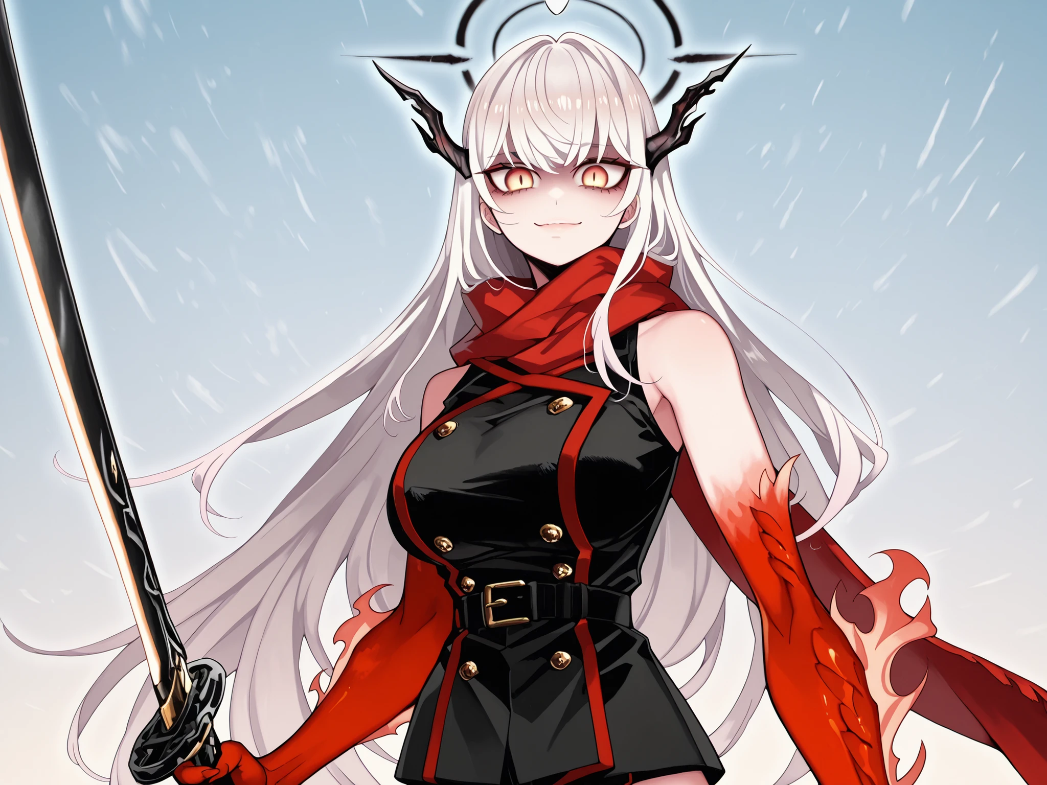 Solo, ung girl, warm smile, facing the viewer, white hair, hairstyle of Uzen Kyouka from Chained Soldier, face of Uzen Kyouka from Chained Soldier, eyes in the red tone, long bangs, perfect anatomy, student, horns of Uzen Kyouka from Chained Soldier, eyes horns the same color as the eyes, fierce face, provocative face;
A black suit, red long scarf, exposed arms, red arms with black spots, hands with claws, red hands with black spots, black halo;
facing the viewer, cara a cara, fundo preto, sexy pose, warm smile, big large ass, exposing ass, big breasts;
Holding a one heavy sword (giant sword) Nian style a from "Arknights" (but a sword must be a sword Heavy sword, montante), golden details on the sword, desenho de giant sword, White blade;
attack position, exposed shoulders and head, near the face , looking at the character, looking at the viewer, cara a cara, confiante, cute expression;
Pay attention to the necessary colors, , maximum resolution ;
uma imagem +18, A sexy image;