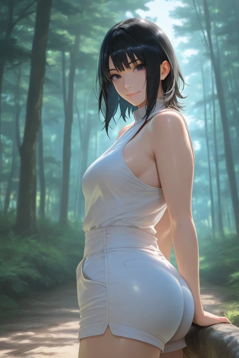 close-up from side, (30 years old adult-Hinata) walk next to lake, big ass, [enchanting, surreal, studio lighting, HDR, UHD, K]