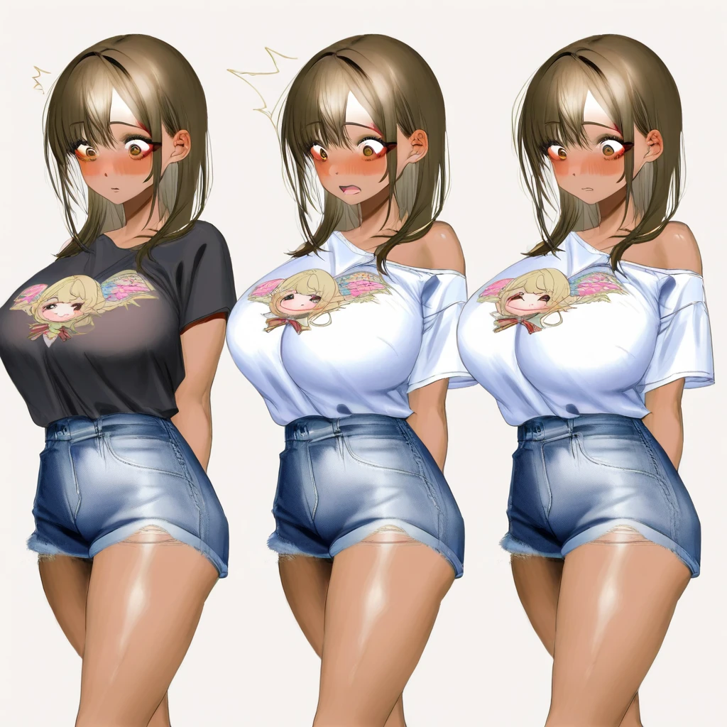 ((masterpiece)),(((best quality))),((character design sheet)), ((full body view)) illustration,Catalogue of sex slaves,1girl, thick thighs, ((detailed face:1.4)) Just the right kind of 14-year-old japanese sunburn pregnant kuro Gyaru for promiscuous sex friend, rough sketches, between breasts,big breasts,wearing an short apron without any clothes on and Slave collar,hair accessories,seductive grin smug,solid color backdrop, clean backdrop,