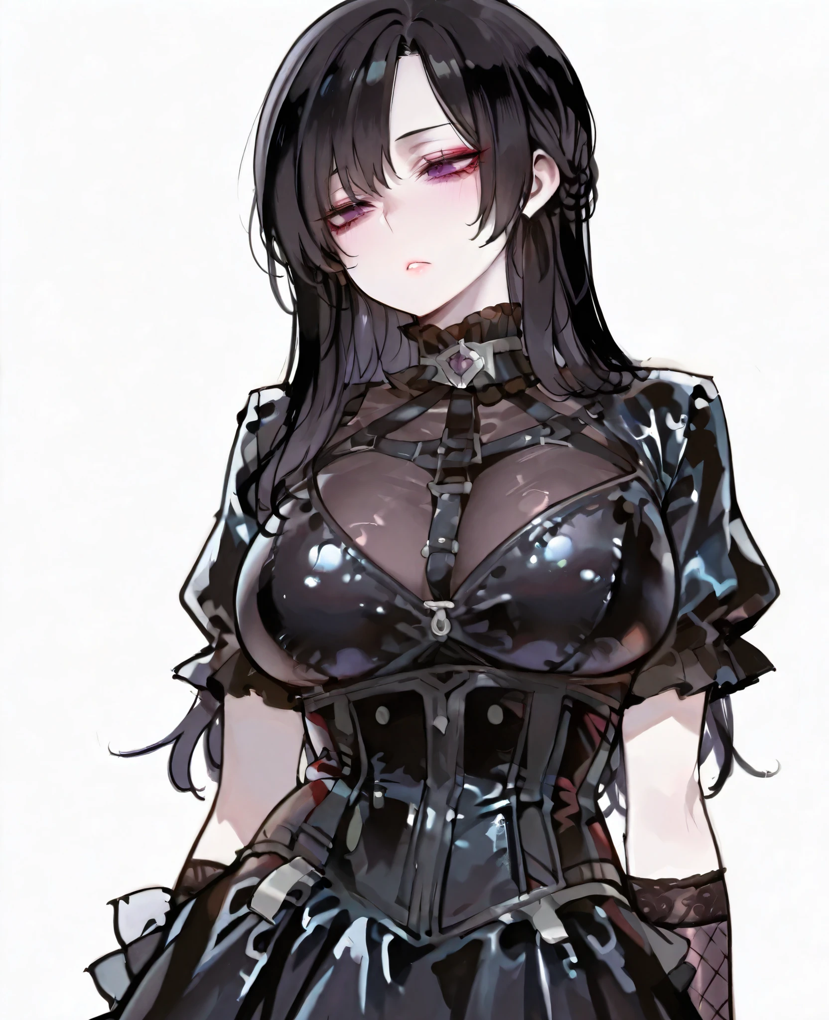 by ratatat74, masterpiece, best quality, upper body, (score_9, score_8_up, score_7_up), 1girl, solo, black hair, long hair, parted bangs, curly hair, dark blue eyes, red eyeliner, innexpressive, pale skin, , standing, full body, victorian fashion, black dress, frilled dress, latex dress, short sleeves, short skirt, long legs, fishnet stockings, black stockings, white background, best quality