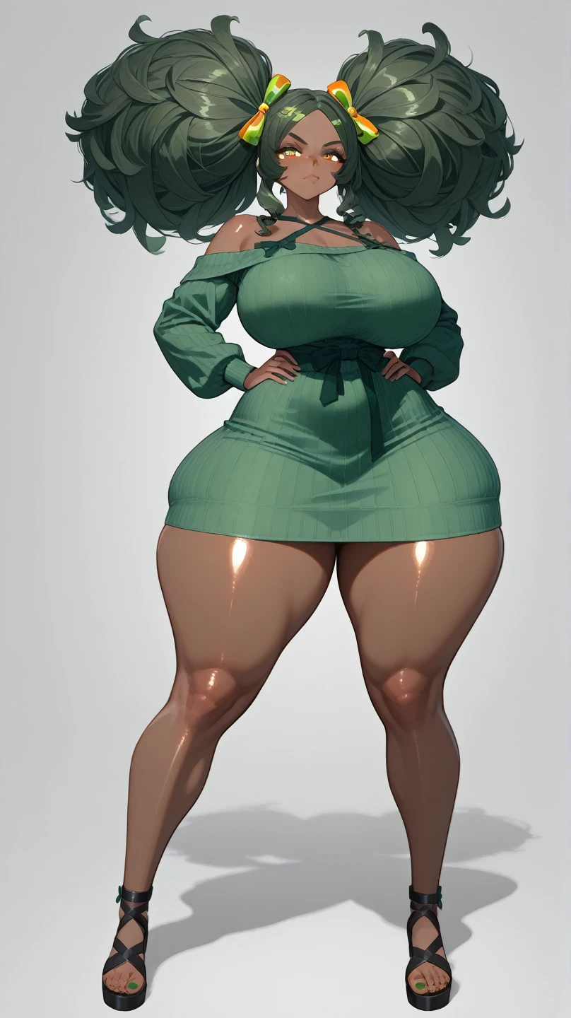 A stunning masterpiece of a character design! In a full-body shot, a curvaceous BBW girl with vibrant green skin and a bold, short hairstyle stands out against a simple, neutral background. A delicate choker adorns her neck, drawing attention to her striking features: piercing red eyes and bold black lips. She wears a fitted t-shirt that accentuates her physique, exuding confidence and sass.