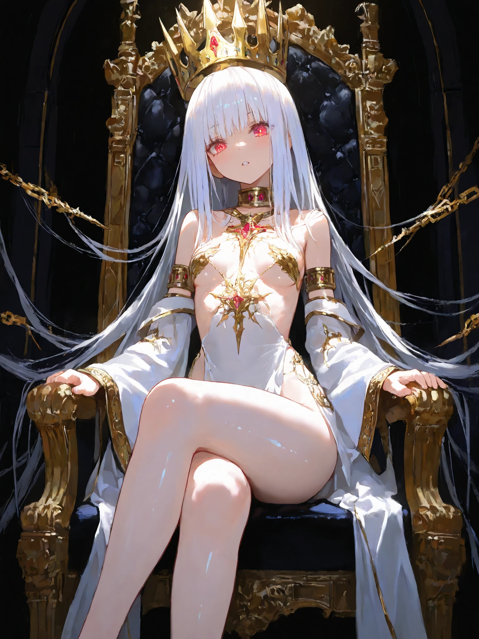 （（（highest quality、Masterpiece、Normal body、8k、Detailed face、Ultra-precision、Normal hand、Normal finger、５Finger、Highest）））Beautiful girl with golden and silver hair、Princess、Sacrifice、cross、Crucifixion、Chain around the neck、Restrained with arms spread wide to the left and right、Spread your legs wide and restrain