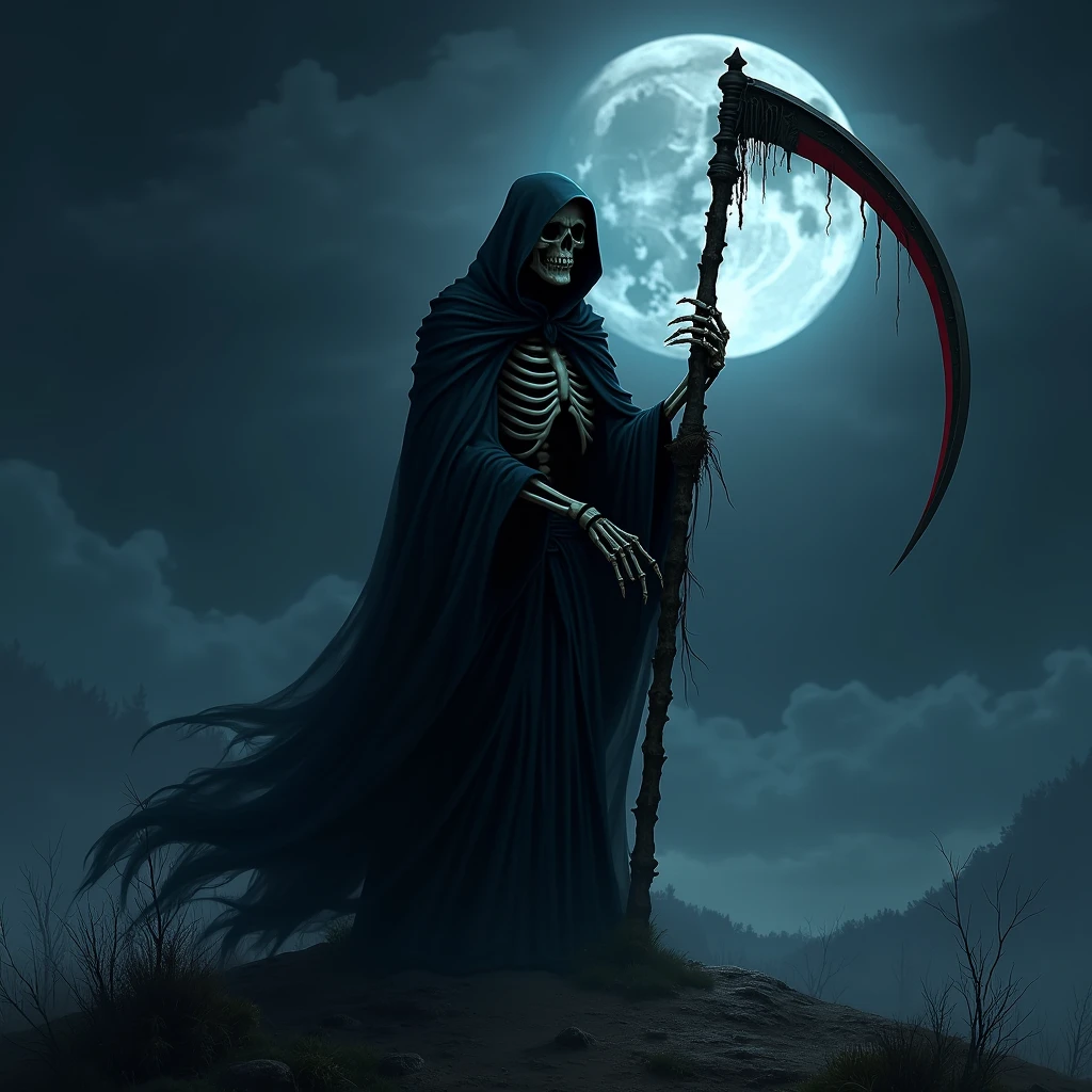 Behind the beautiful woman stands the Grim Reaper, a terrifying expression on his face, holding his scythe.、The background is Makaimura