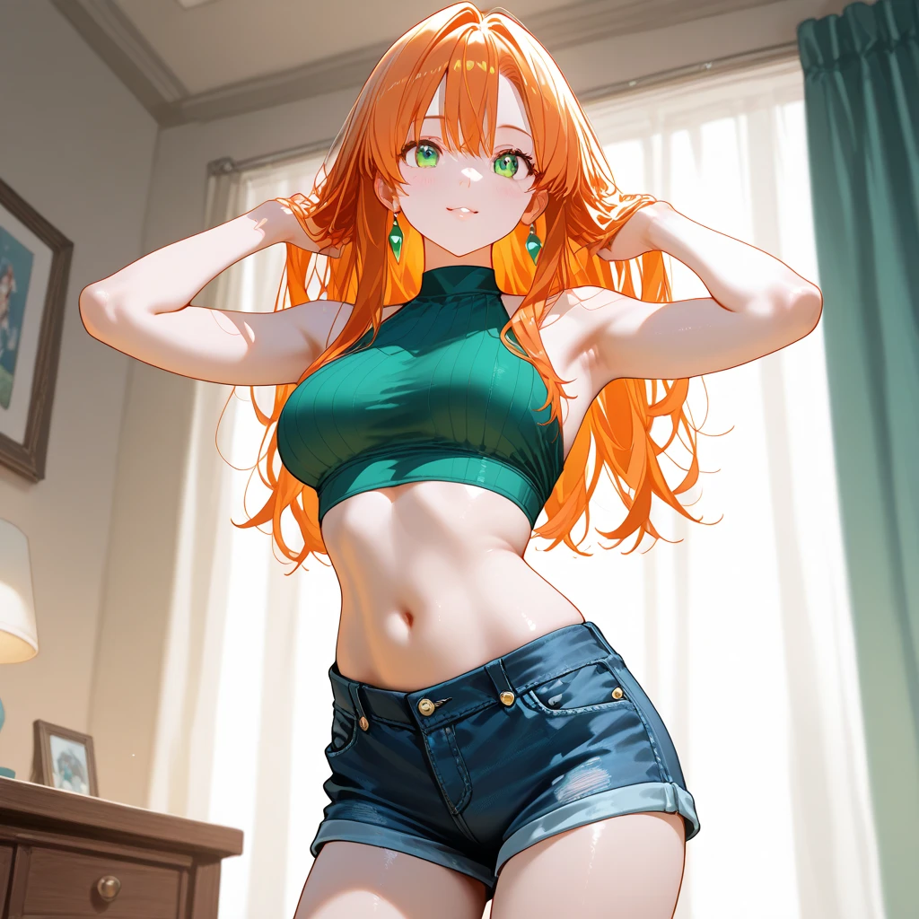 8k,masterpiece, bset quality,big, (1 girl), Kim Possible, green_eyes, orange hair, long hair, professional lighting, (shiny skin: 1.2), shiny big, ((best quality)), sharp focus: 1.2, highly detailed face and skin texture, detailed eyes, perfect face, perfect body, blur art, cg, background, Big breasts, presence (20yo, mature cool and beautiful face), wearing ((blue skirt), white taut shirt, thigh), blush, (mittgal), random pose, top view, perfect eye, angry face