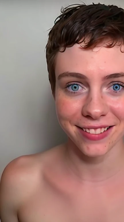((s0ph)), 2 people in an empty bathtub, bathtub without water, chico y chica, Sophia Lillis desnuda de rodillas,cuerpo entero, vista de lado, sonrisa, autofoto, submerged in the bathtub, mojada, gotas de agua recorriendo la cara,pelo corto, pelo mojado, pecas ,pecho pecoso,pecho diminuto,tetas pecosas ,costillas visibles,delgada, flaca, vagina peluda , un hombre feo desnudo mojado