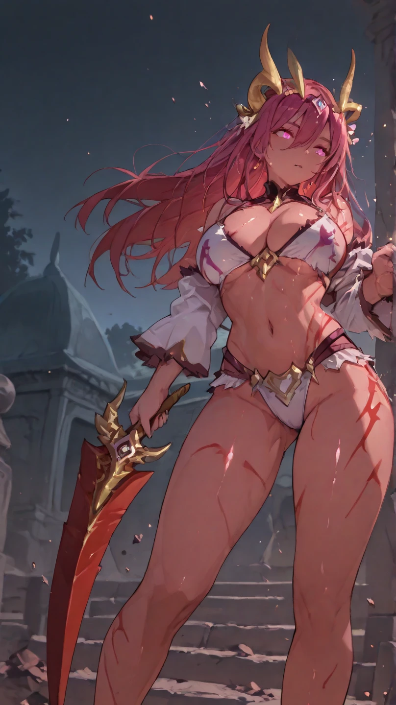 weird atmosphere, (best quality:1.1), (masterpiece:1.2), high quality shadow, beautiful detailed, (high detailed skin, skin details), (portrait, 8k), depth of field, highres, best illumination, (sexy), outdoors, blurry background, HD hair, beautiful face, perfect skin, red hair, long hair, (big breasts), blood particles, (night), sharp teeth, glowing red eyes, blood on face, blood on clothes, blood splashing, female knight in the war fields, white dress, cleavage, stocking, high heels, kneel pose, close to viewer, from above, looking to viewer, gripping big sword, in the grassland, hair fluttering, bare shoulder, tired face, blue fire