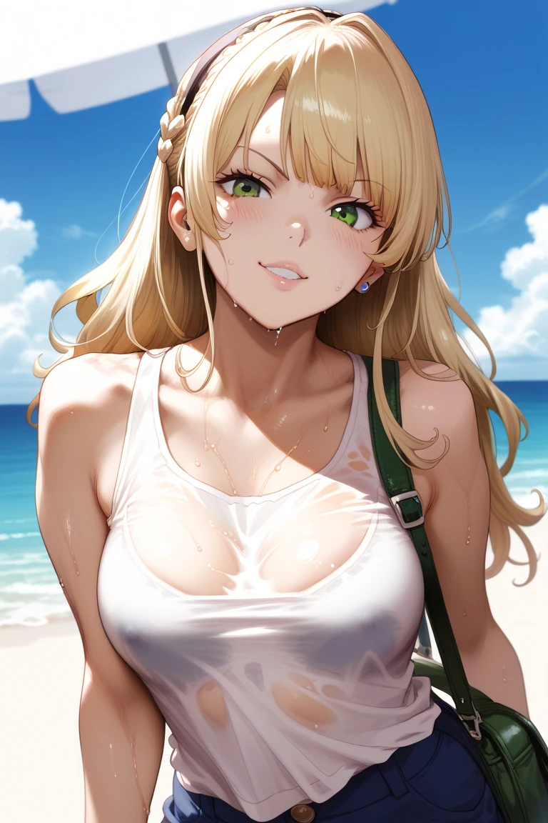 (Highest quality:1.2, Anime artwork, Very detailed, Attention to detail, digital coloring, High Contrast, masterpiece:1.2, Highest quality, Best aesthetics), (((kitagawa marin, 1 girl))), Emerald green hair、Pink mesh, Medium short hair catalogue, Clean gradient hair, Red eyes、Magenta Eyes, Earrings, White shirt, Black choker, Check skirt,, smile, Are standing, Cowboy Shot, Sunset on the beach、Detailed Background,Big Breasts:1.2、Cleavage、See through 、Lightweight shirt、(Pink underwear、Underwear is visible)、Perfect hands、Beautiful fingertips