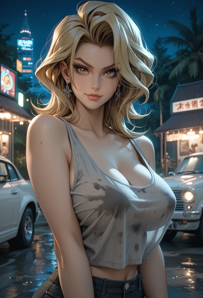 ((1girl, solo, Reina Morimoto, morimoto_reina, (((blue eyes, hair bun, high bun of hair))), lipstick, jade earrings, muscular, fitness)), sensual pose, Beautiful, shapely body, fitness)), ((solo, (1woman, pink lipstick), Extremely detailed, ambient soft lighting, 4k, perfect eyes, a perfect face, perfect lighting, a 1girl)), (anime style image, (masterpiece), best quality, expressive eyes, perfect face, cleavage, Full face portrait photo of (a 33-year-old, extremely attractive Swedish girl), RAW, semi-open strawberry lips, dimples, longing look, lightly tanned skin, ((extra long, wavy, bright blond hair)), ((detailed face)), ((detailed facial features)), (ultra-detailed realistic skin, medium-size breasts, attractive cleavage, (dynamic lighting, moisture), realistic skin reflection, (reflective moist tanned skin, night time)), pale skin, ((beautiful ass), ((detailed multi-colored leg tattoos)), ((detailed multi-colored upper body tattoos)), (deep neckline, detailed white silk dress, full body, head to toes)), (emerald dark-green colored eyes), cyberpunk megacity background environment, (cool colors, contrast), damp, damp, reflections, (masterpiece) (perfect proportion)(realistic photo)(best quality) (detailed) shot on a Canon EOS R5, 50mm lens, F/2.8, HDR, (8k) (wallpaper) (cinematic lighting) (dramatic lighting) (sharp focus) (intricate),RAW photo, gigachad photo, posing for camera, 8k uhd, dslr, high quality, (grain film), cinematic, Fujifilm XT3