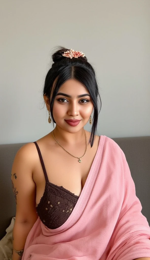 beautiful Indian woman, looking directly at the camera, very realistic, instagram selfie, closeup face, at home, silk floral pyjamas, clothes tight against body, clothes too tight, film grain, fit muscular body, big breasts, focus on face and torso, clothes too tight, seductive, silk robe