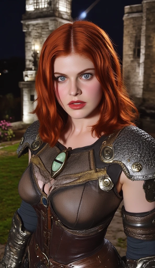 [A redhead with freckles wearing an earthly, rugged, chain mail outfit]