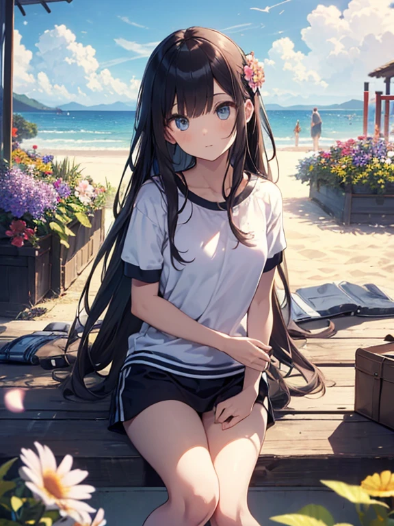 wariza,seiza、high resolution、Tabletop、Summer sky、To the Cloud、Cumulonimbus、White shirt、Hair between the eyes、blunt bangs、Black Hair、Spiteful eyes、sit、seiza、Girl sitting、Split seat