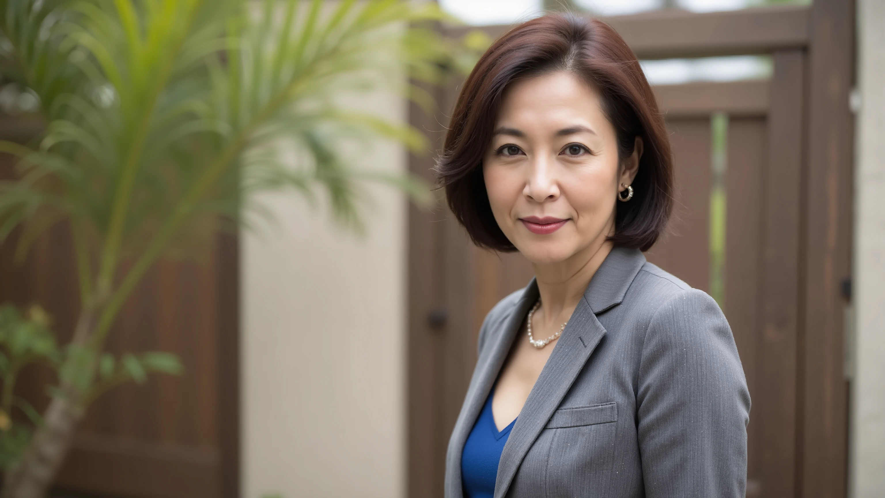 60 year old middle-aged woman、the focus is on a woman's eyes。((最high image quality、8k、masterpiece: 1.3))、realistic、sharp focus、high image quality、high definition、portrait、solo、Japan、clothes that show cleavage、Plump、Wave Hair、business suit、 wrinkles on the outer corner of the eye:0.mall backyard、Lots of boxes、lots of files