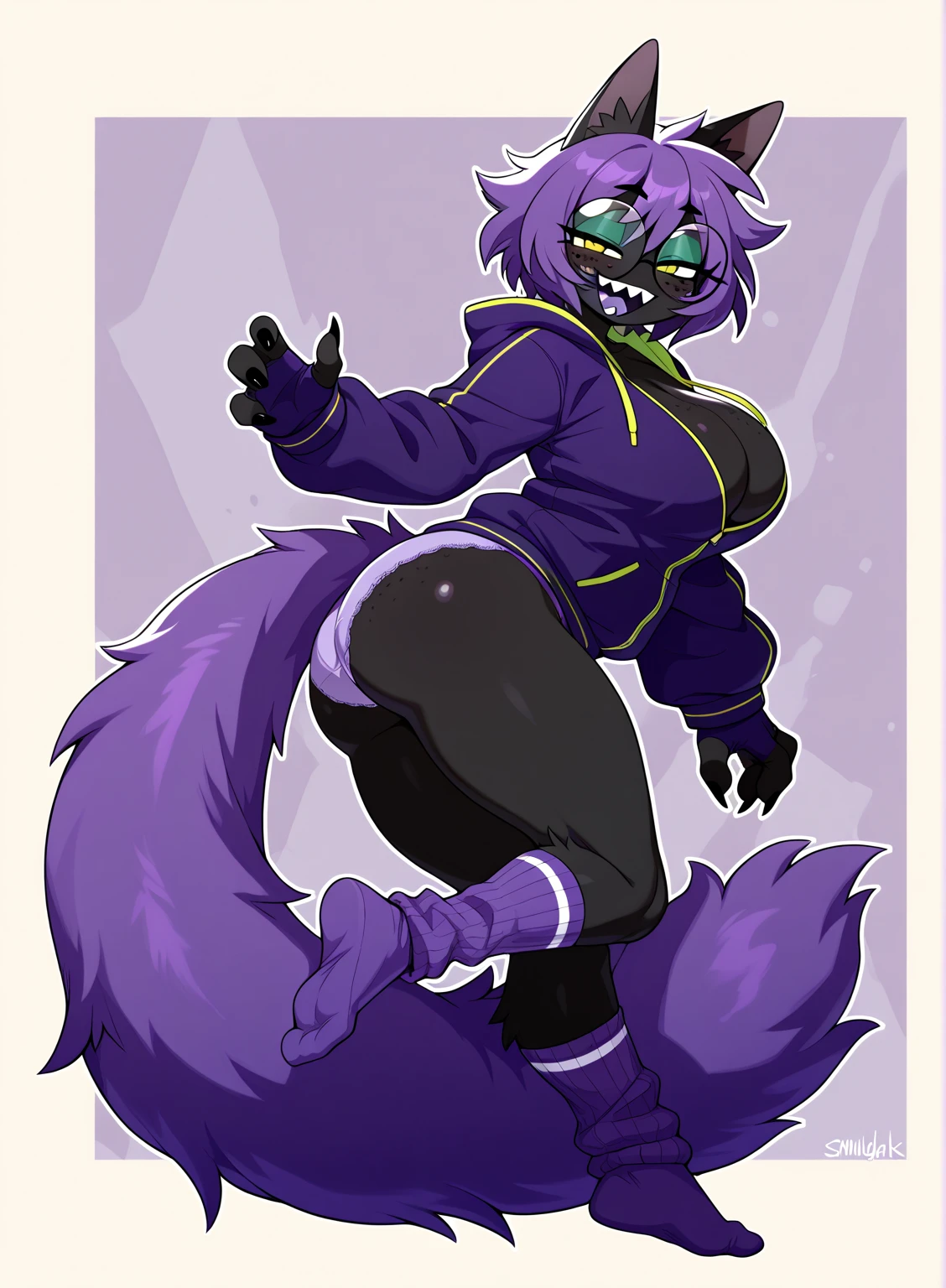score_9,score_8_up,score_7_up,score_6_up,score_5_up,score_4_up, Lynx, purple fur, purple eyes, anthro, long hair, wavy hair, purple hair, eyeliner, eyelashes, black eyeshadow, furry art, cheeks tuft, hips tuft, shoulder tuft, male focus, femboy, finguerless gloves, cute fangs, kemono, shota, neck fluff, fluffy neck, claws, black nails, squatting, fluffy butt, evil smile, digitigrade, fishnet clothing, solo focus, penis under clothes, stockings, leg wamers, bedroom background, covered nipples, erection under clothes, paw pose, arm warmers, leg warmers, sfw, spike collar, spike bracelet, Gothic, smudged mascara, (pecs), muscular male,