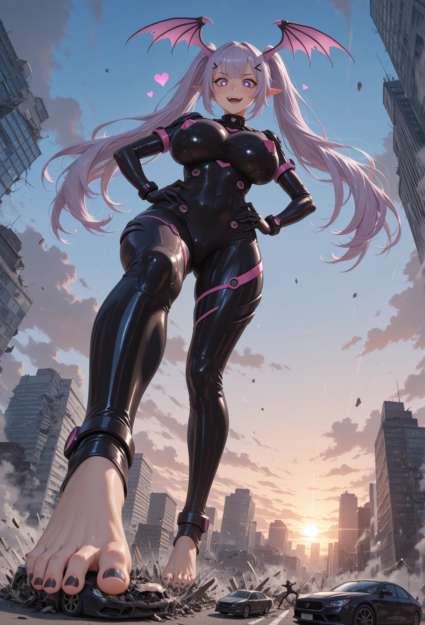 Hugo, NFFSW, (purple hair), long hair, bangs, (purple eyes: 1.1), (average breasts: 1.2), (very short sexy bikini), (muscular thighs), lean legs, muscular abdomen , thin waist, wide hips, wearing a black high-heeled shoe, black gloves, hair ribbon, red bow, ribbon bow, break looking at the viewer, break billboards, break (masutepiece: 1.2) ,evil smile、(de foot)、beautiful legs、As if looking from below、in the open air、outside、{{{showing her big ass to me}}}