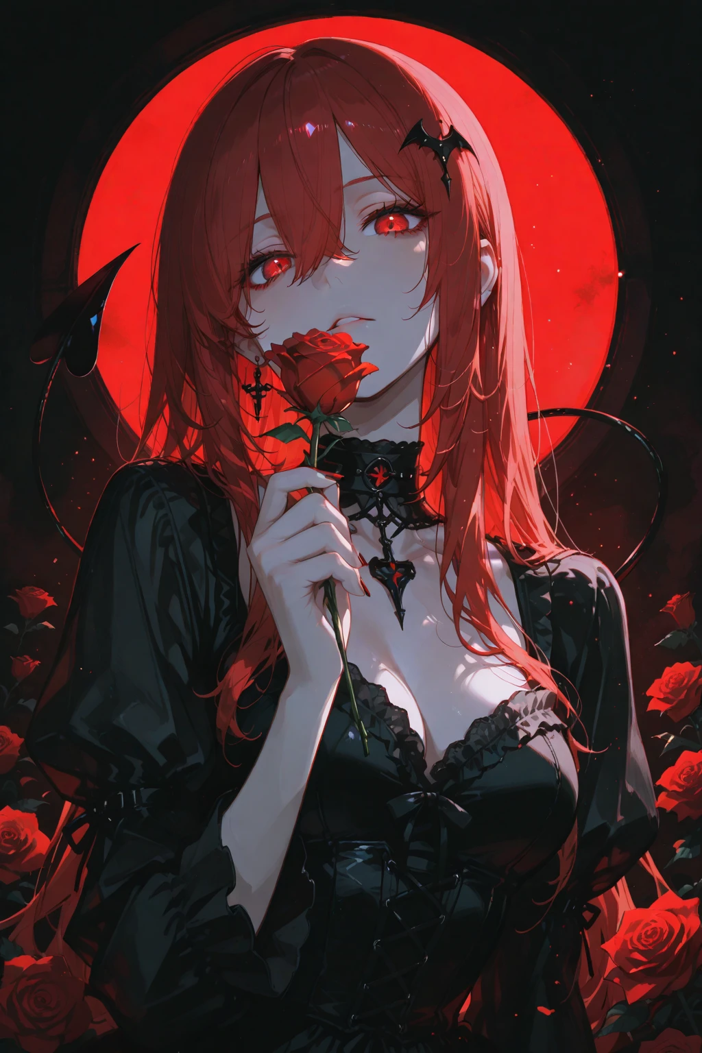 1girl,bangs,black background,black nails,blood,breasts,cleavage,flower,long hair,nail polish,pink rose,red flower,red hair,red nails,red rose,rose,solo,spider lily,thorns