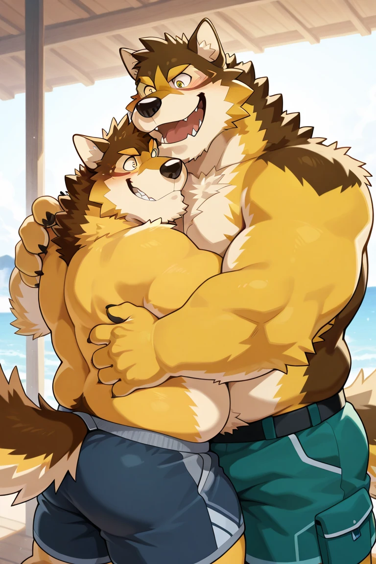 male, anthro, great physique,Strong arms, manly, bodybuilder, (Fine veins:1), chubby:0.9, lycanthrope, (thick jaw), (broad chin), (kemono), (Old wolf), big irises, wet, sweat, drooling, (sad, mad, tongue out), bara, standing, ((duo, gay, , anax froehind)), (heavy thrusting:1.5),(thrusting:1.5), ((red underwear, erection uthing)), excessive cum, beach, detailbackground, light particles, hi res, front view, full view