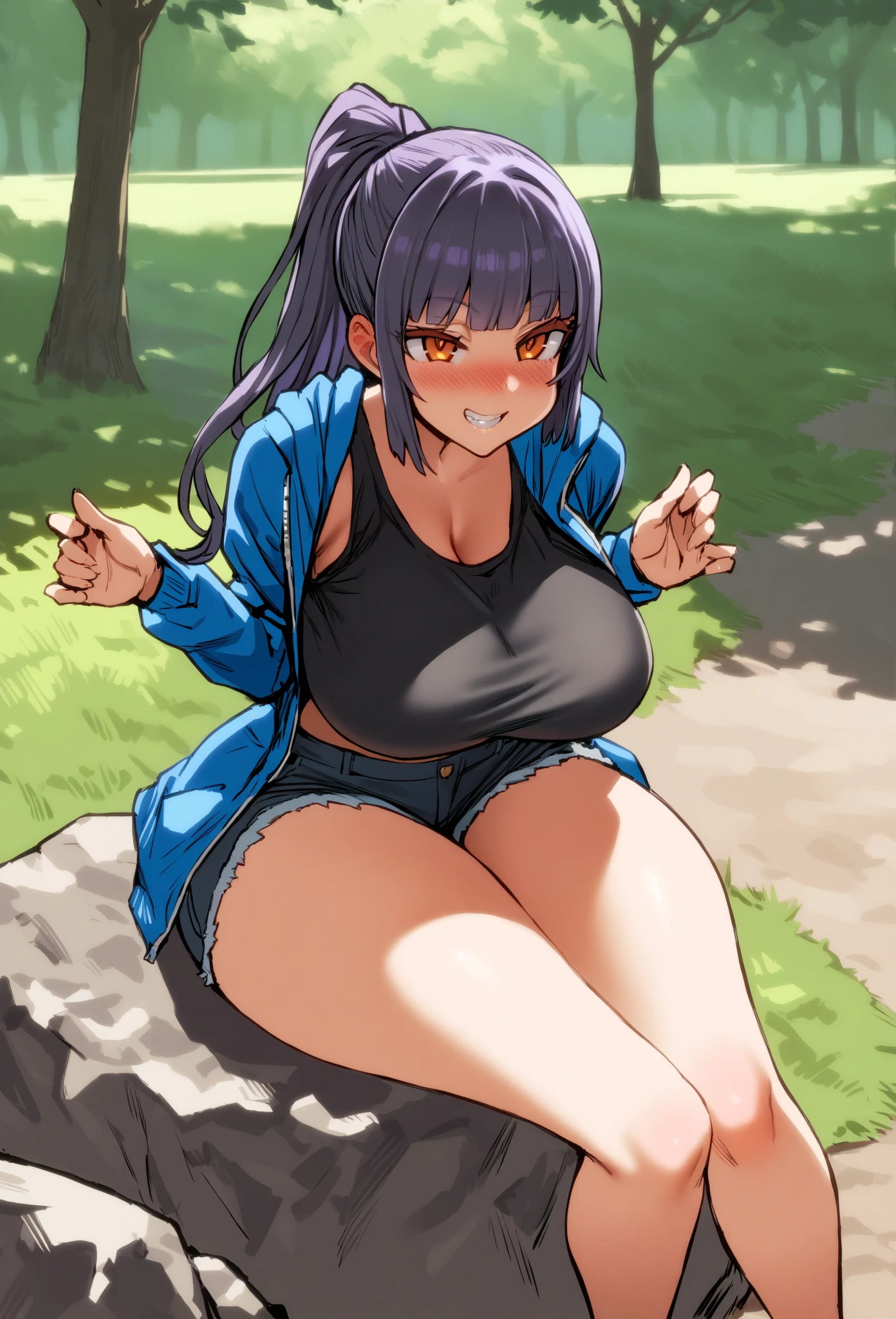 masterpiece, best quality, 1girl, solo, park, amber eyes, violet hair, blue jacket, open jacket, black tank top, jean shorts, seated, on a rock, cowboy shot, grin, blush,  big breasts, wide hips, thick thighs, blunt bangs, ponytail, round eyes, big eyes, tareme, by tsujisanta, <lora:Tsuji-Style-XL-Animagine:1>