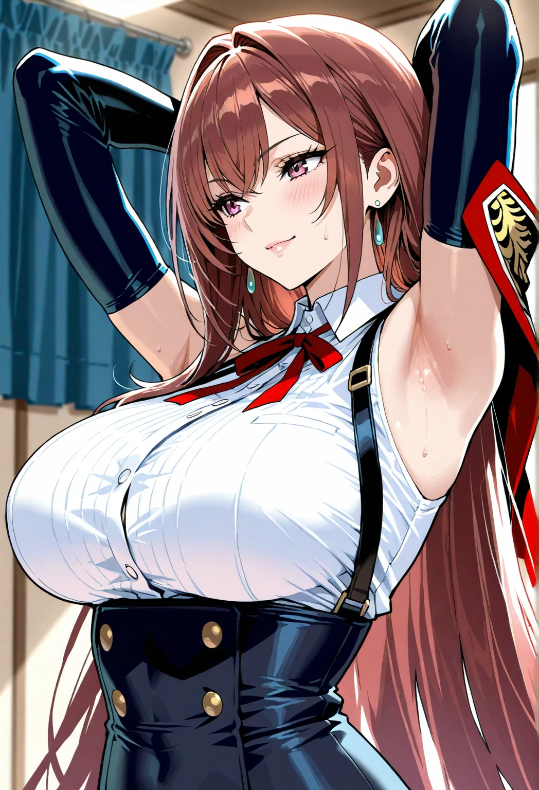 (in the dark:1.6) , Soak in hot tub, school girl Soak in an dark bathroom hot tub , red knot , red bow , white Shirt , big breasts , big tits