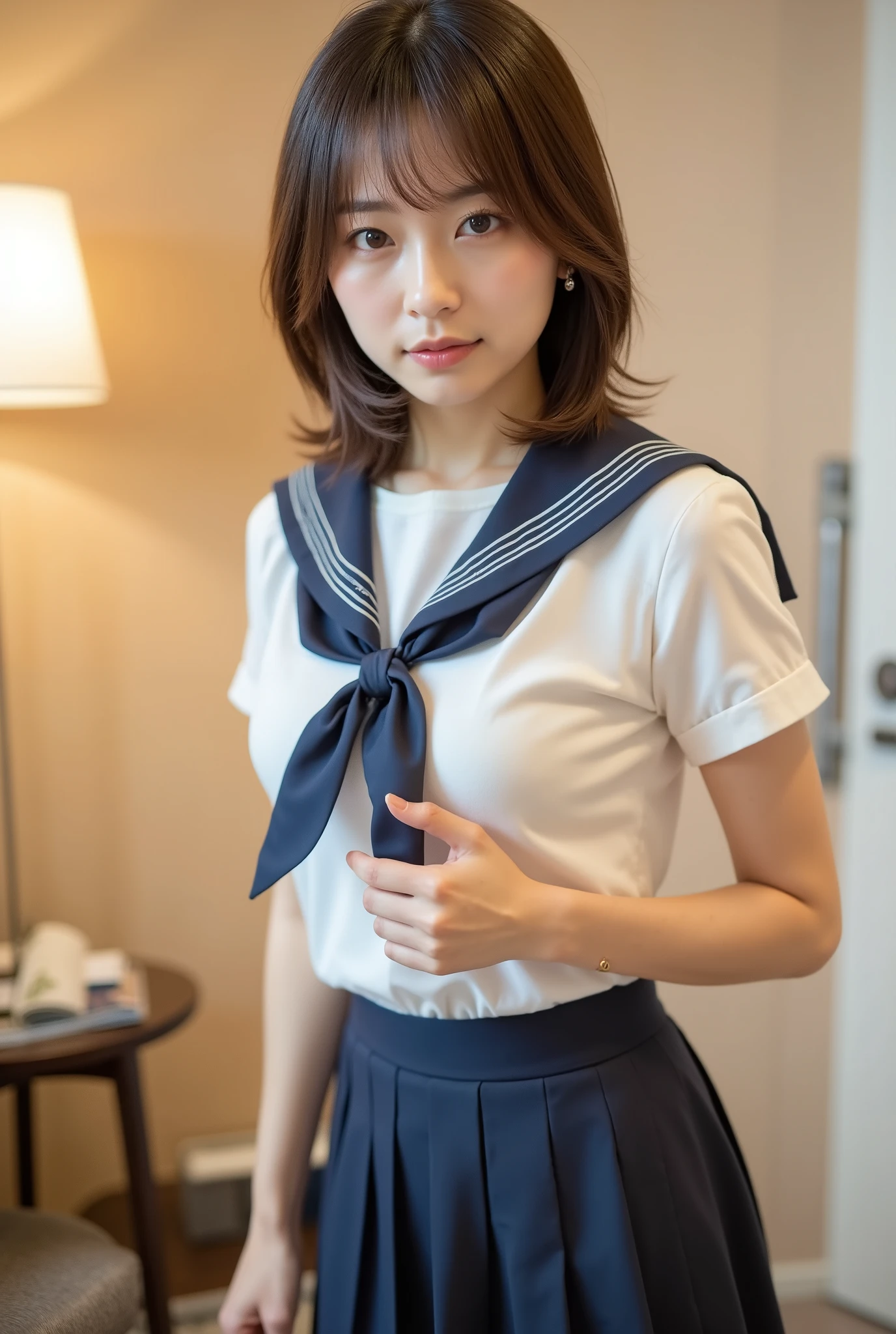 (8k、Raw photography、highest quality、masterpiece:1.2),(black haired、very short hair:1.8),(twin mitsu braid:1.4)、show viewer,Looking at the front,erotic,白いskin,(I am wearing a beige and red school uniform.。.。.:1.7)、(Clothing that emphasizes the shape of your chest、publish one'skin:1.5)、(big breasts :1.2)、slim body shape、ultra high resolution,beautiful,beautiful fece,(alone、no background:1.9),whole bodyボディー,japanese woman,(Photoreal:1.37)、photon mapping,reality、(Baby-faced and cute: 1.0)、(cute smile: 1.7)、(With a round face: 1.7)、radio city、Physically based rendering、depth of field rally background、photograph, (I can see your knees,plaid short skirt、close up of thighs、show white panties:1.5),whole body、super fine