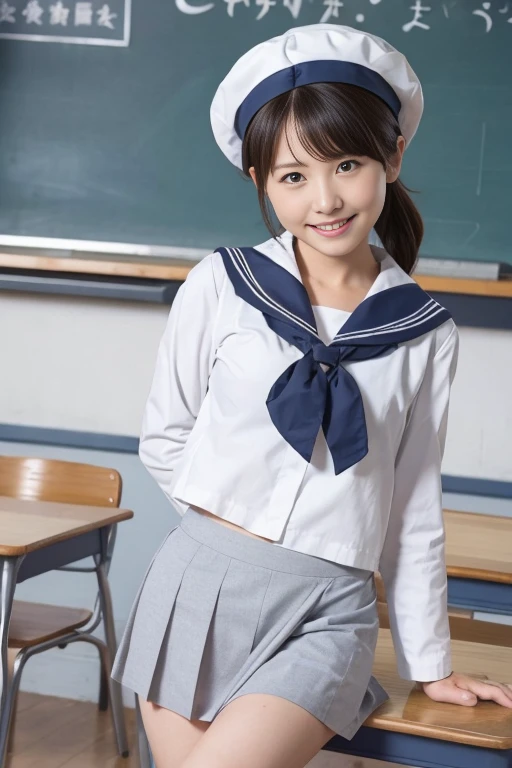 (Highest quality,masterpiece:1.3,Ultra-high resolution),(Ultra high definition、Caustics) (Photorealistic:1.4、RAW shooting、)Ultra-realistic capture、Very detailed、Natural skin texture、masterpiece、(Junior high school sailor uniform:1.3)、One Japanese girl、Adorable expression、Happy expression、14 years old、Young face、Amazingly cute、Twin tails、Curly Hair、Black Hair、Scrunchie、Thinning、Medium breast、Junior high school classroom、Shining thighs、Summer sunshine、smile、An inviting gaze、Cowboy Shot