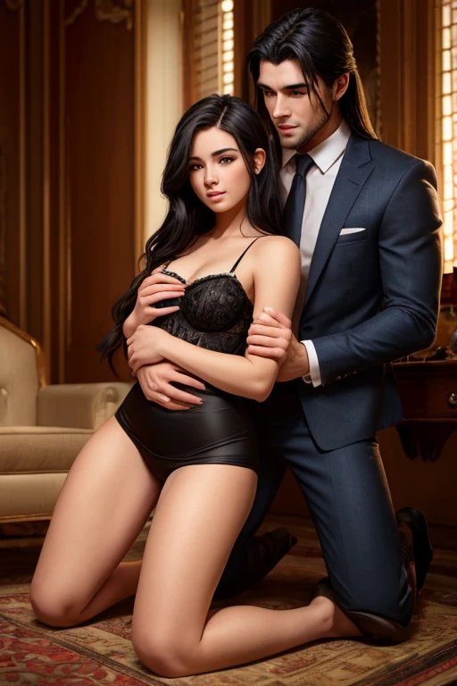Bruna Marquezine, a 13 year old girl, image ultra realistic, (brazilian actress bruna marquezine, 1,64 tall ), wearing very small super sexy maid clothes, sitting on the lap of a 40-year-old man with a strong build who is wearing underwear

