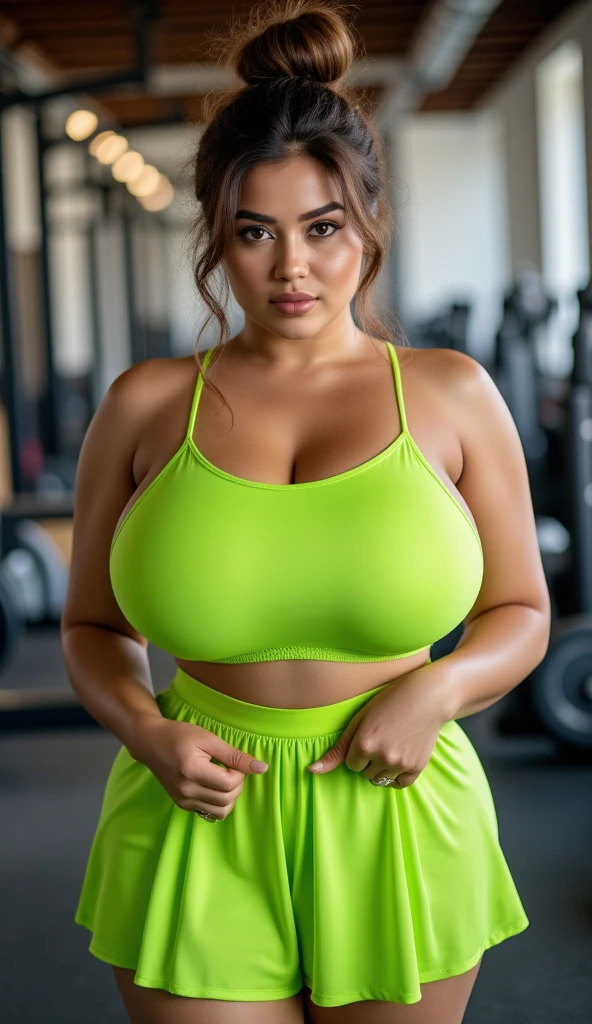 masterpiece, RAW photo, best quality, photorealistic, extremely detailed CG unity 8k wallpaper, Depth of field, Cinematic Light, Lens Flare, Ray tracing, (extremely beautiful face, beautiful lips, beautiful eyes), intricate detail face, ((ultra detailed skin)), Indian girl wearing a gym outfit ((black and neon green Gym bra and shorts)), big breast and cleavage, wide hips, voluptuous, attractive figure, provocative girl, chubby , very chubby round lips, sweaty, wet body, best figure, sensual, erotic, seductive, in a gym