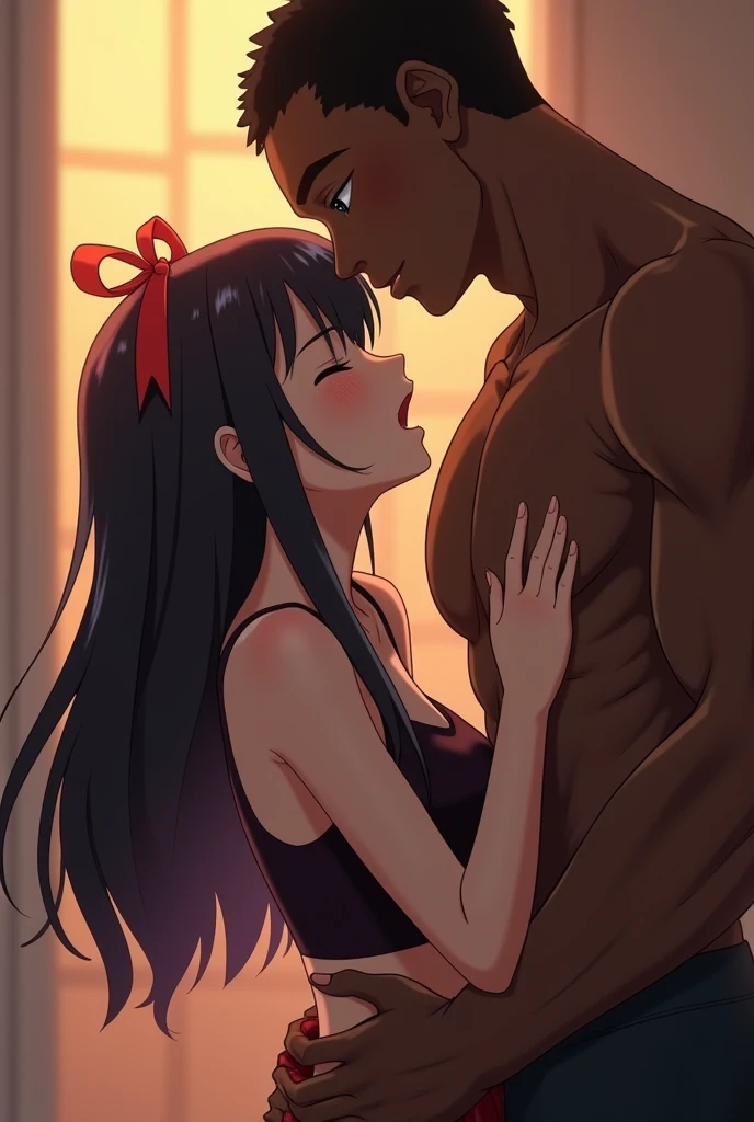 NSFW,masterpiece,Highest quality,High resolution,Super detailed,Yukinoshita Yukino\(My Youth Romantic Comedy is Wrong as Expected\),Black Hair,Long Hair,Light blue eyes,High quality sexy micro bikini,Halter neck,Small breasts,Face in love,Embarrassed,blush,beach,Palm tree,Beach parasol,Beach House,(Big man),Pick up a girl