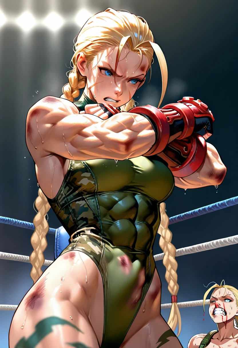 ((masterpiece)), 1 female, whole body:2.0, On all fours, Cammy White from Street Fighter showing the soles of her feet, Blonde, Double Knit, Eye contact with viewers, Severe, Ramparts, Beautiful Face, highly Realistic skin texture, Highly detailed eyes:1.1, Realistic pupils, Blush all over face, Fuller lips, Lean Your Body, Wide Hips, Big round breasts, 5 fingers per hand, Perfect Anatomy:1.1, Perfect Proportions:1.1, Green tank top, Red Beret, Red Gauntlet, Red fingerless gloves, boots, Muscular arms, Muscular body, (Muscular woman:0.6), Volumetric lighting, Dynamic Lighting, (High resolution:1.1), Sharp focus, (Realistic, hyperRealistic:1.4), Complex, Attention to detail, Cinematic, Capture the light, Multiple lights, Scattered beneath the surface, Bokeh, Vivid, Polished, Honed, ((Full Sharp)), (Extremely absurd), 4K, High resolution, White light, Place your hands behind your head, 目がCapture the light, bright, light, bright照明, translation, Fundist
