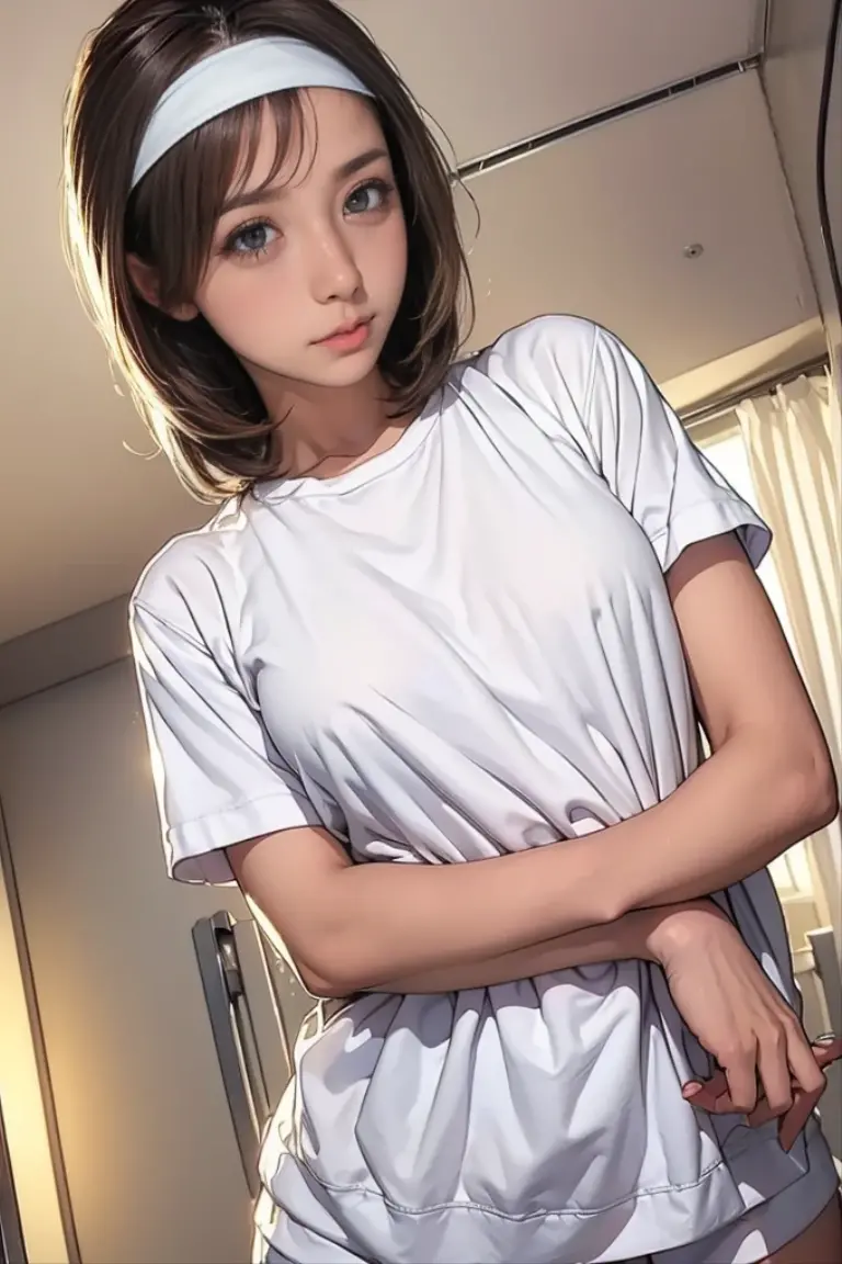 (Best quality, 8k, 32k, Masterpiece, UHD:1.2),Photo of Pretty Japanese woman, 1girl, (medium-short dark brown hair), (large breasts), double eyelid, White nurse uniform, small white nurse (cap), white shirt, open shirt, hospital, patient's room, upper body, sexy
