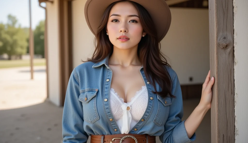 (Beauty American Cowgirl:1), her body is exactly looks like Jennifer Lawrence, portraitures:1.5)Wind-swept wilderness landscape(((masterpiece)))、((top-quality)、brown eyess、no clothes、8K、The ultra-detailliert、realisitic、landscapes、concept-art、exceptionally detailed RAW color photo、(lensflare:0.7)、particle effect、Ray latching、Cinema Trick Writing、Shallow depth of field、Shot with Sony Alpha 1、50mm wide angle lenoconitide、Cinematic Film Still、 dynamicposes、、(realisitic:1.3)、a brunette、Woman Western、Gun belt, medium sized full breasts、perfect hardbpink nipples, perfect detailed areola, clean shaved detailed pussy:1.4, nfsw:2, gazing at viewer、超A high resolution、a smile、cherry red lips, Brown Western Hat,Fluffy breasts, sexy girl, The shirt is unbuttoned.