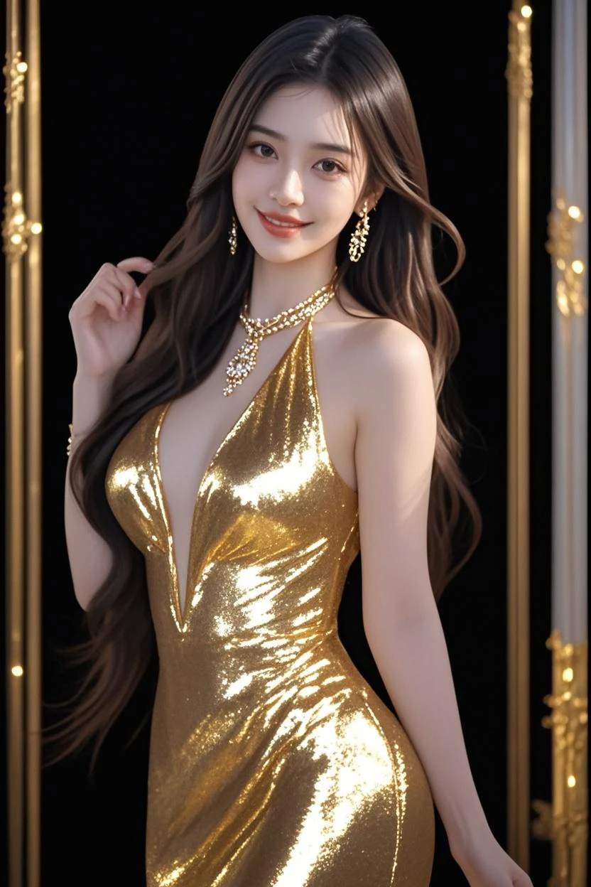 A woman with long brown hair and gold dress.