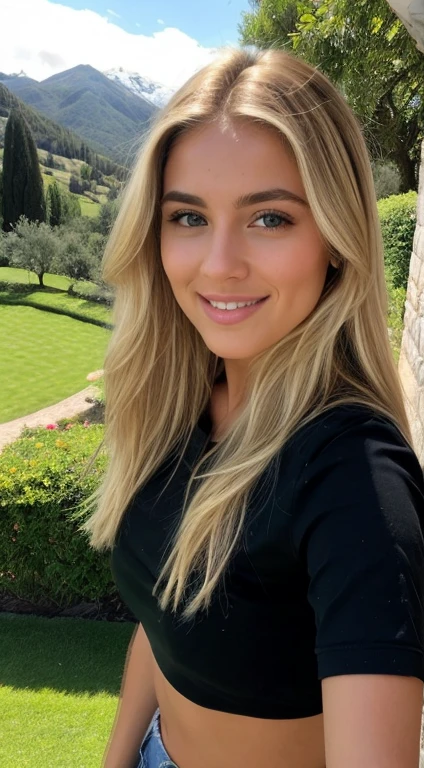 A 23-year-old blonde woman, ((pechos grandes)), ((hiperrealismo)) ,. blonde hair with light brown roots. cabello rubio, Hair with brown roots, cabello extra largo, cabello muy largo, really long hair, Beautiful, Front view, selfie, photo taken with iPhone, elegant black shirt with escote, escotada, selfie in the garden, high quality, selfie iPhone, cleavage
