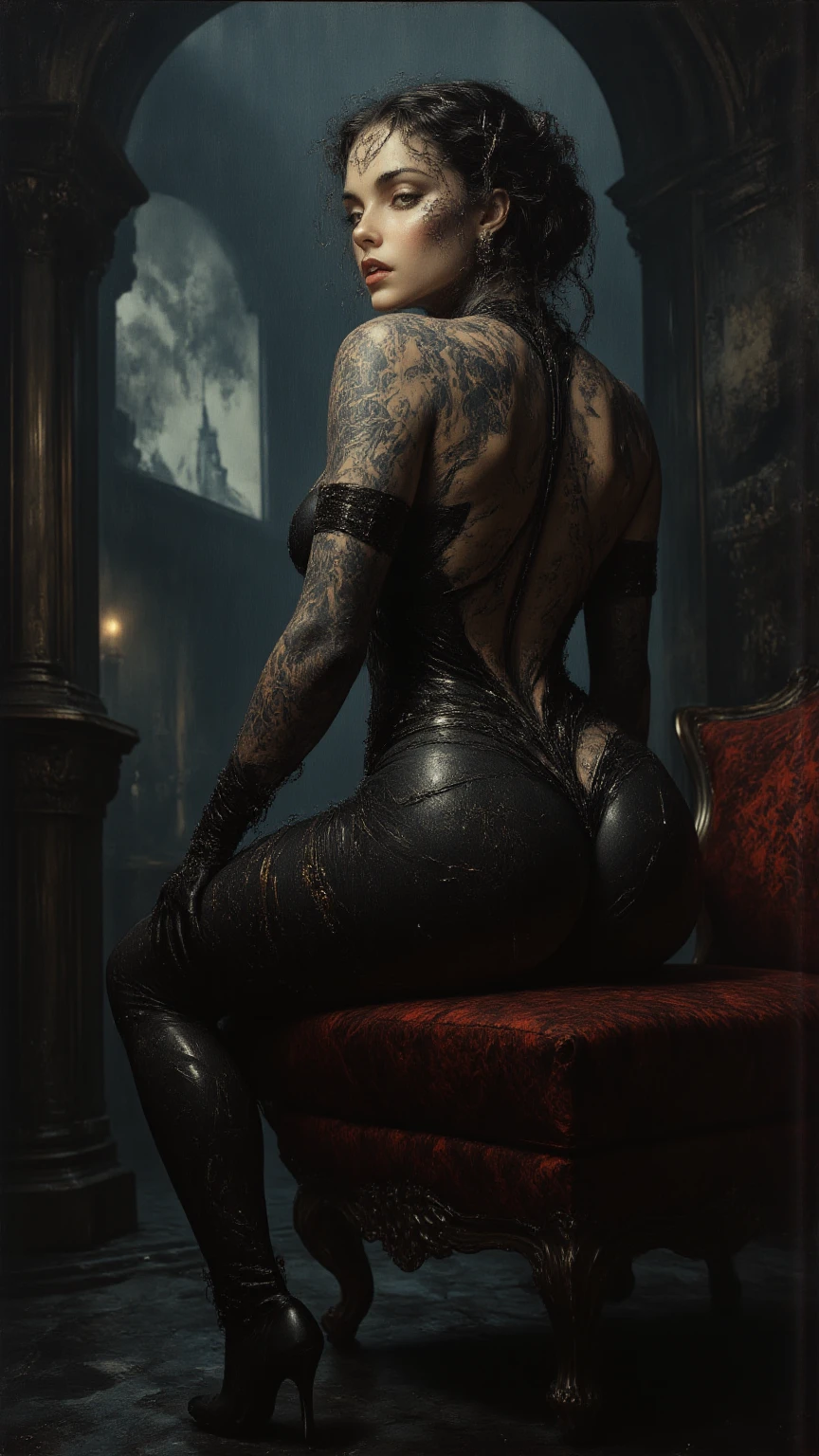 There's a demon woman dressed in thong leotard seen from behind, contracting her back, sexy horror, perfect body, grey g string leotard, dramatic lights, thong bodysuit, seen from behind, sexy leotard, thong leotard, dark vibes, back view, cinematic, ultra detailed, photorealistic, best quality, masterpiece.