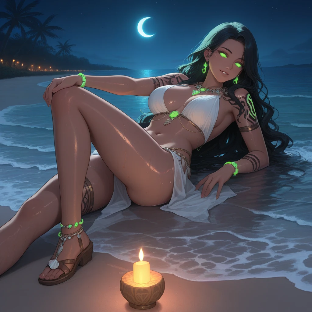 A confident young African sex worker, naked, naked, no clothes, big breasts, thick thighs, no panties, transparent silk leotard, lying on the edge of the pool, light rain, wet body, eerie environment, candles and spider web , graph growing assured and another hand breaking head, full body, high quality