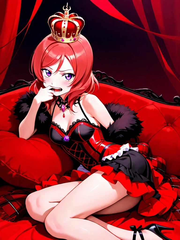 (red hair:1.2),girl with ponytail and bangs, open mouth, looking at viewer, messy hair, red eyes, (small breast:1.3),black dress, black belt, black neclea, red ribbon, black choker,   <lora:KING:0.8>,king, looking at viewer, holding, jewelry, earrings, bracelet, crown, throne