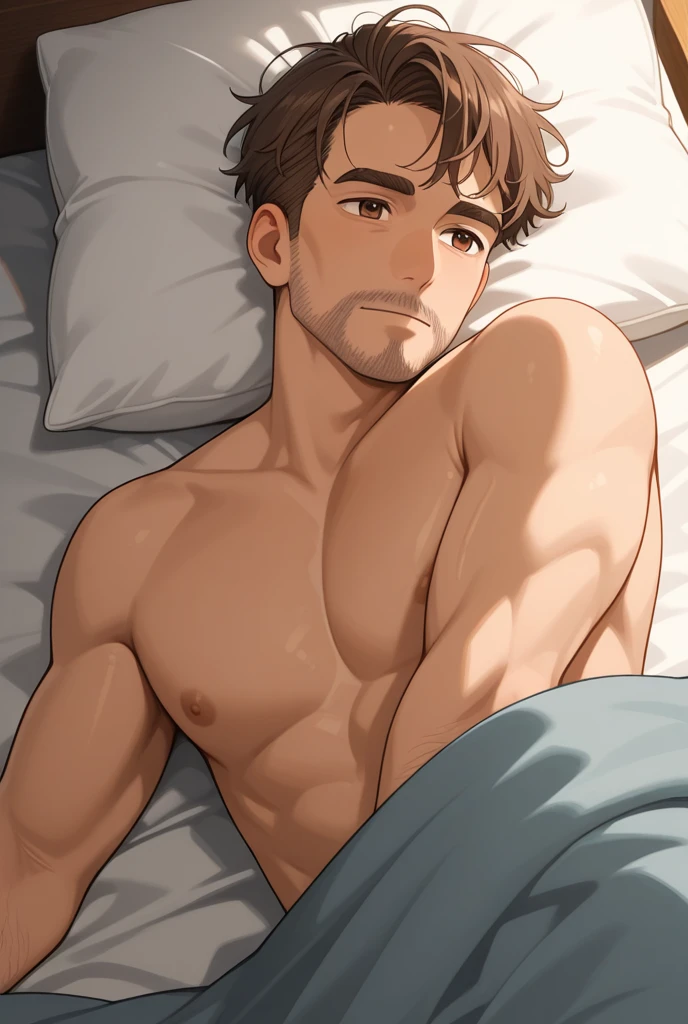 Neutral cute muscular redhead guy big chest cute abs sixpack big long penis pose lying down looking at viewer
