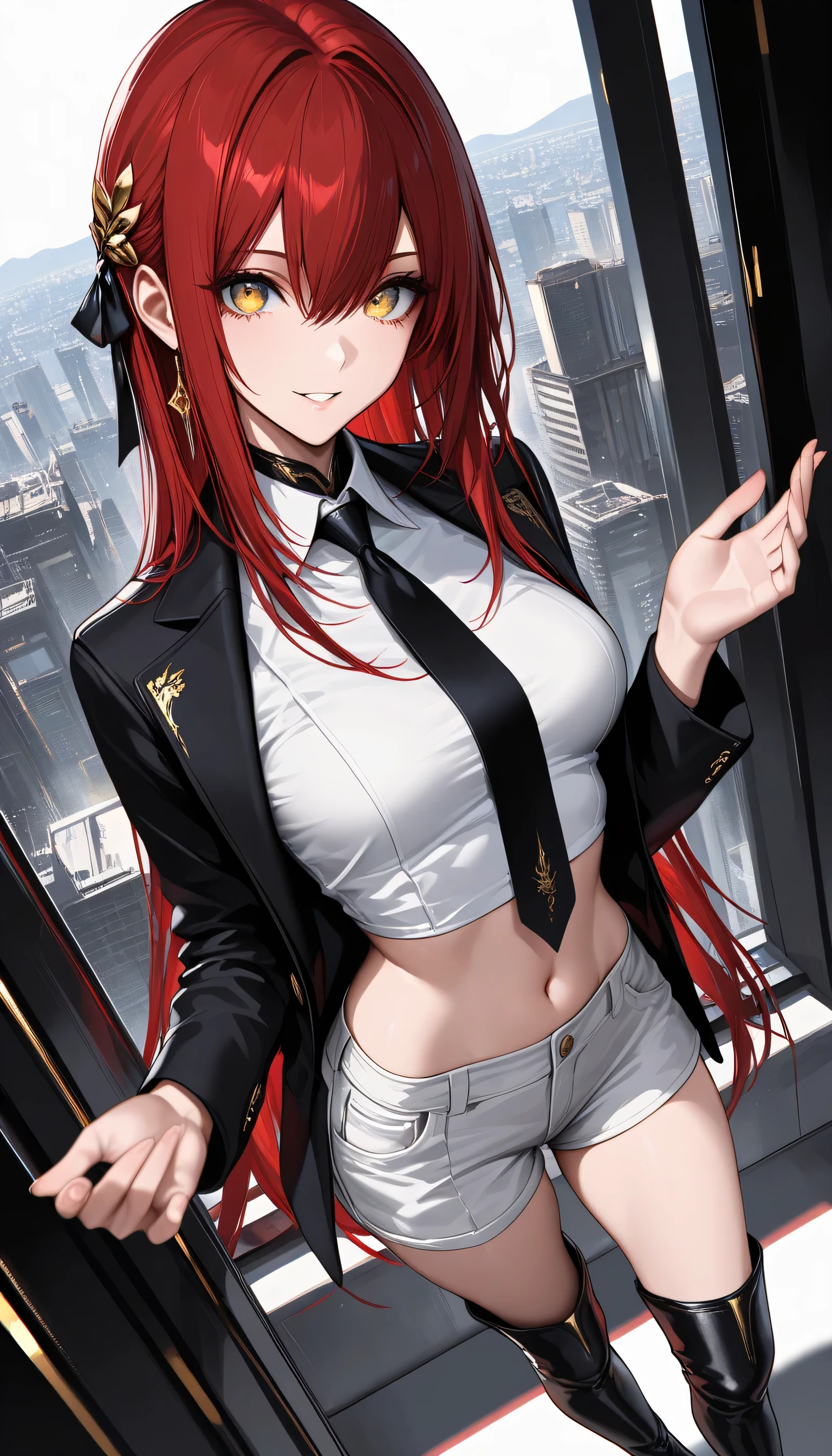 a handsome girl, solo,
red long hair, bangs, yellow eyes, bright eyes,
navel, black short jacket, tie, shorts, garter rings,
expressionless, blurry background, perfect lighting,
masterpiece, best quality, extremely detailed face, extremely detailed,