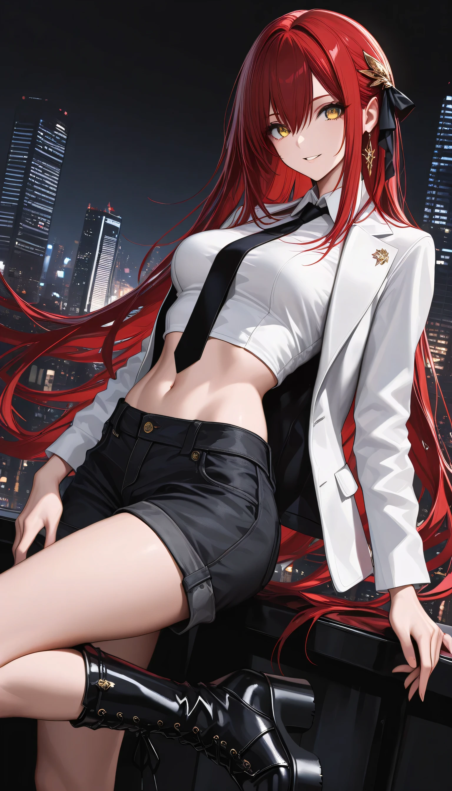 8k, HDR, extremely detailed face and eyes, beautiful face and eyes, perfect hands, good_hands, solo, 1girl, golden eyes, red hair, very long hair, straight hair, long sidelocks, hair between eyes, medium breasts, petite, very cute, beautiful, cool, handsome, hair ornaments, ribbon, hair ribbon, cargo shorts, white blouse with collar, tie, long business suit jacket, platform boots, stomach, navel, solo, artistic error, looking at viewer, smile, parted lips, city background, low angel shot, focus boots, masterpiece, best quality, amazing quality, cinematic angle, cinematic shadows, side view