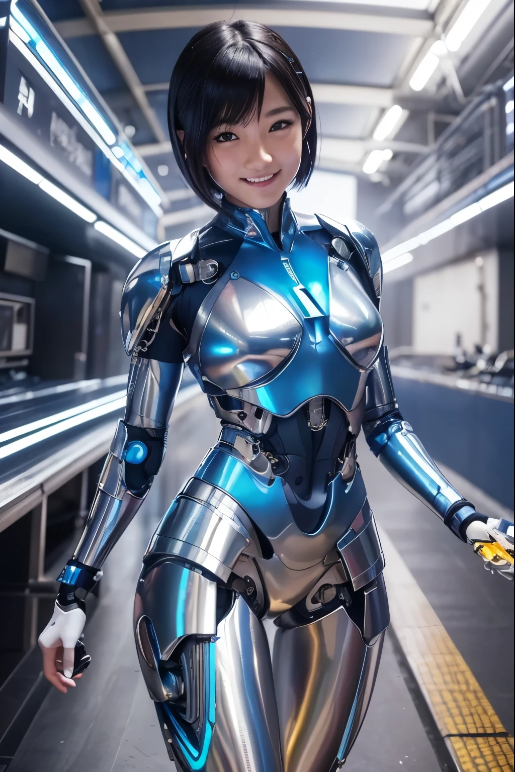 ( Highest Quality , high definition, masterpiece:1.2), very well detailed, exists:1.37, ( perfect anatomy ), full body, Running at high speed , cute and perfect 20 year old Japanese female athlete,( Transformed into a cyborg ),( smile:1.2), beautiful eyes, detailed facial features, ( smile), Pay attention to costume details , great eyes, Beautiful lip hair, very shortblue hair , boyish for big butts,( blue racing costume transformed into a futuristic shiny metal cyborg suit:1.3),bangle, Hyperchest, cyberpunk, elaborate decorative details ,( Natura makeup) ,(background: