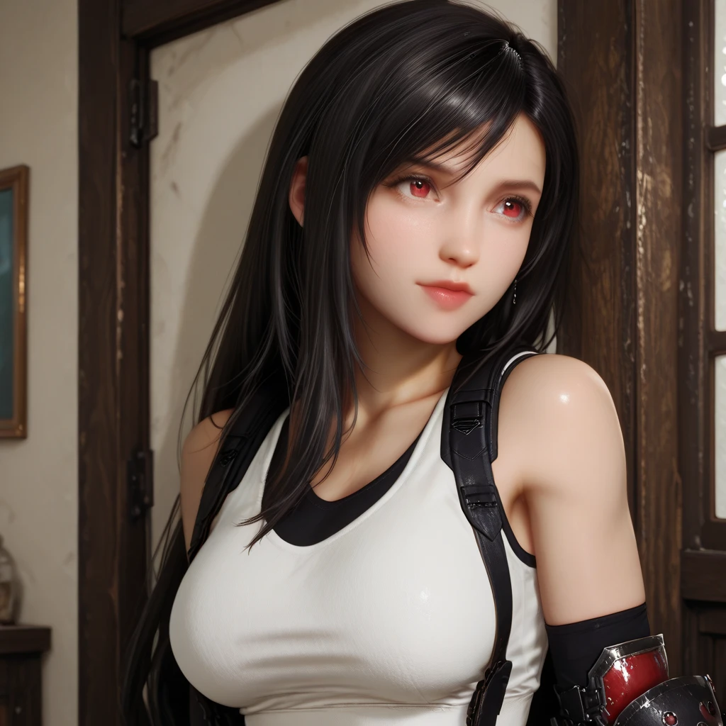 Tifa lockhart, red_eyes, black hair, long hair, Tifa, red iris, A white top that exposes her midriff, sexy