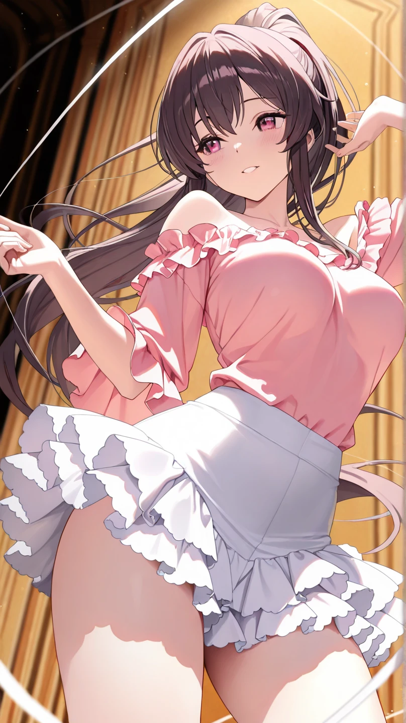 ((Tabletop, Highest quality, High resolution, , Pixel Perfect, 4K,))), 1 female, 、The whole body is visible、 ((Long Wavy Hair, bangs, Brown Hair)), ((Brown eyes, Beautiful eyelashes, Realistic eyes)), ((Detailed face, Blushing:1.2)), ((Smooth texture:0.75, Realistic texture:0.65, Realistic:1.1, Anime CG Style)), Medium sized breasts, Dynamic Angle, Perfect body, (( , , Beautiful priest、、 Priest off-shoulder jacket、Priest Flare Skirt、、)), Gold Hair Ornament、Cross Necklace、、Very embarrassing panic smile, 、In front of the shower room、look back、、Nipples are slightly visible、、Pink lace panties visible、、、、 、Angle from below)、