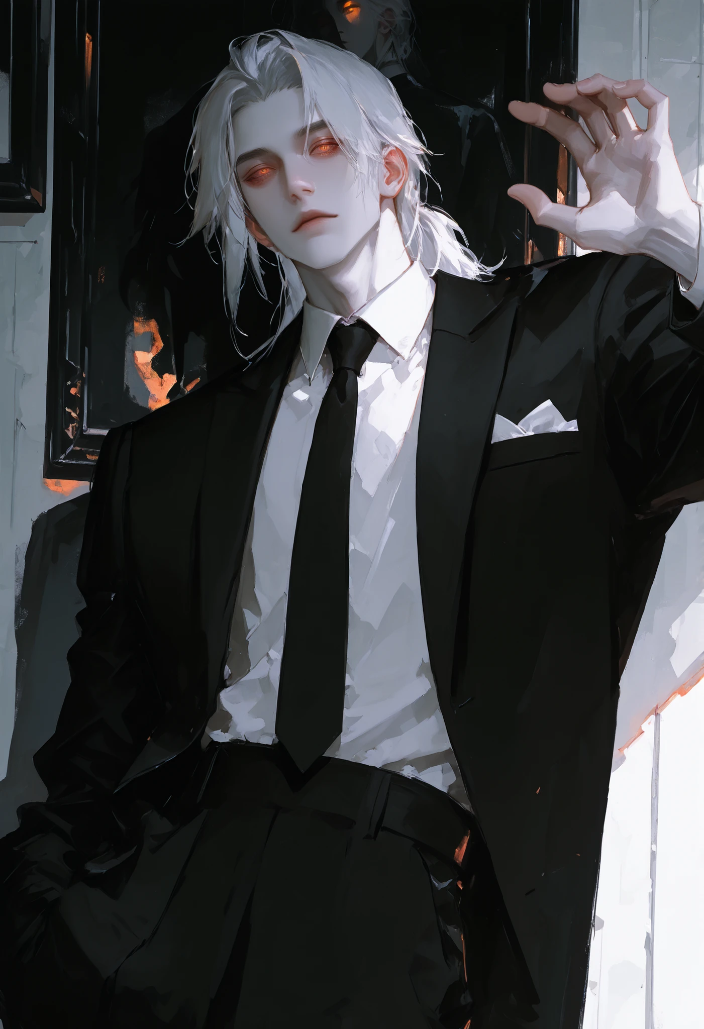 (best quality, masterpiece), 1boy, upper body, injury, blood splatter, blood, formal, looking down, looking at viewer, white hair, vampire, hand in pocket, muscular, smile, dark mood --auto --s2
