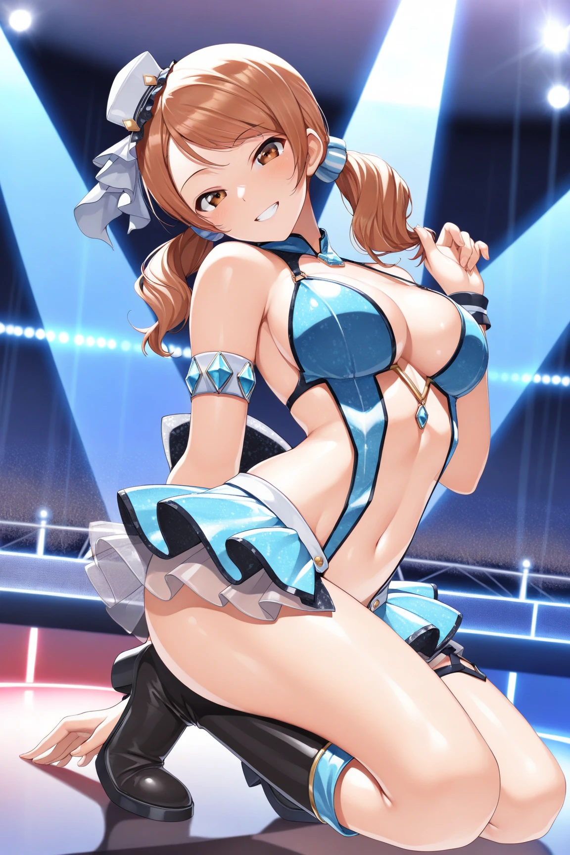 Ultra-high resolution, 1 Girl, 18-year-old, (Idols:1.4), (Famous actresses :1.4), (Beautiful detailed face:1), 1 Girl:1, 18-year-old, Cinematic Light, ,Mood lighting, (((Perfect Anatomy:1.10))), (Finely detailed face:1.2), (Representative works:1.5), (Best Quality:1.2), Looking at the Viewer, Lipstick, V-shaped eyebrows, V Line Jaw, ((Prevents clothing from biting into the skin)), Sexually suggestive faces, (The background is blurred), Glossy texture, Strong winds:1.3, (((Long black hair in the wind:1.4))), (Blue Eyes:1.3), (Perfect Face:1.4), (Beautiful detailed eyes), ((Shiny skin:1.2)), (Extremely smooth expressed skin), ((Sweaty skin:1.3)), White Skin, Slender, Narrow nose, (Narrow waist:1), (Almond Eyes:1), Sharp Eyes, (Bewitching Smile:1.2), (Medium size bust:1.3), There is cleavage in the chest, Bangs,Head tilt, Lean your body forward, Light makeup, Small Ass,  ((Pro Wrestling Match Venues:1.3)), ((Inside the professional wrestling ring:1.3)), ((Sexy Wrestling Costumes:1.3)), (( Pure white wrestling costume with intricate design:1.3)), (Patent leather long wrestling boots), Thimble Skin Gloves, ((Dynamic fighting poses)), ((Low - Angle)),